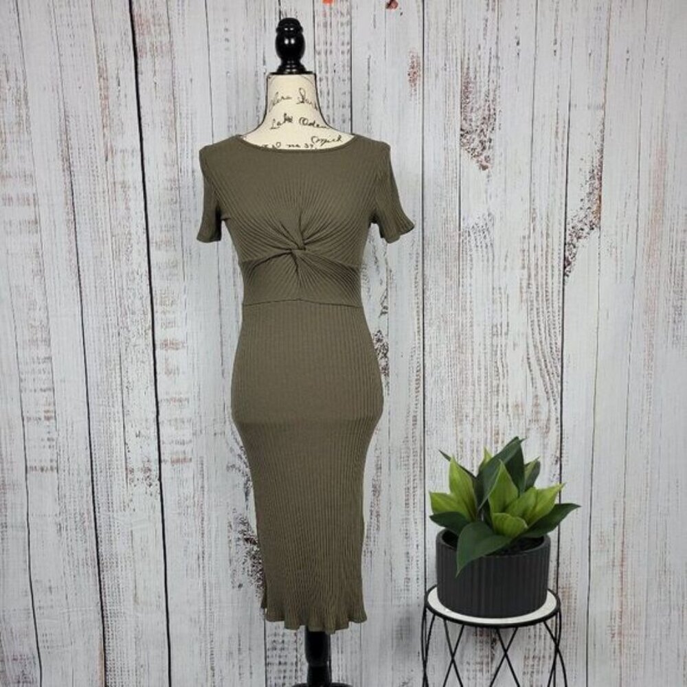 Everly Green Ribbed Knot Jewel Neck Chic Bodycon Midi Summer Short Sleeve Dress